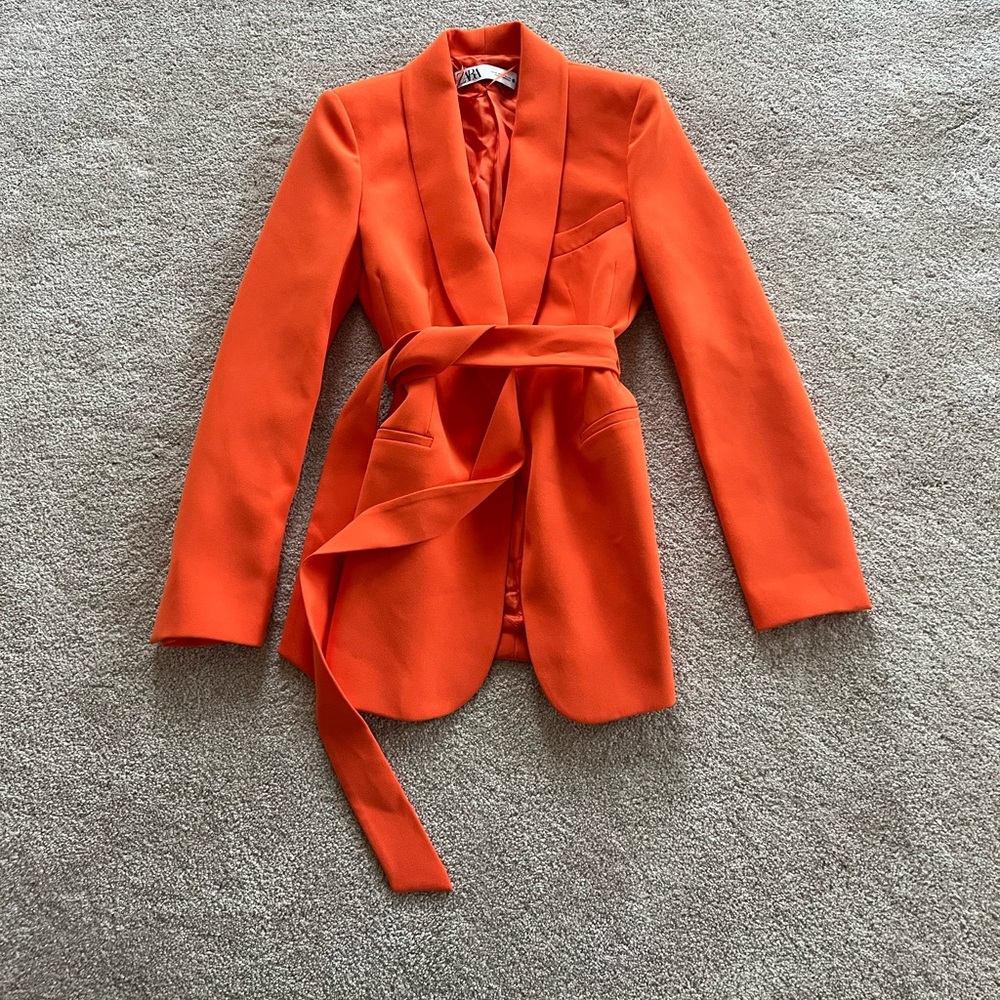 Zara Orange blazer suit jacket belted with belt with tie longline XS workwear - Picture 4 of 10